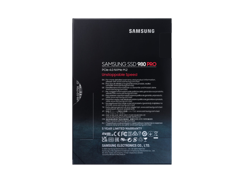 MZ-V8P1T0BW  Samsung SSD M.2 (2280), 1TB, 980 PRO, V-NAND 3-bit MLC, Elpis, PCIe Gen 4.0 x4, NVMe 1.3c, R7000/ W5000, IOPs 1 000 000/ 1 000 000 3