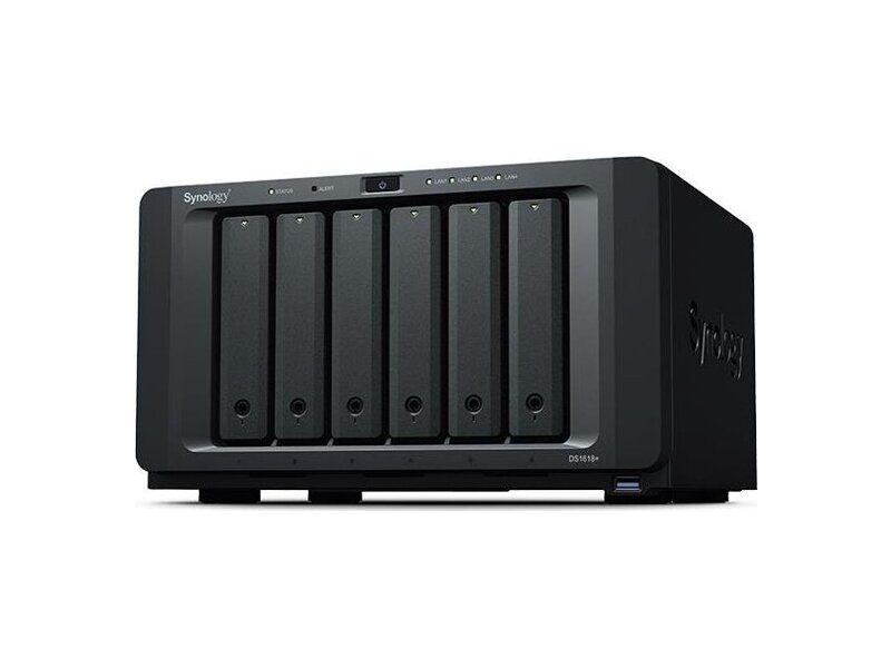 DS1618+  Synology DS1618+ QC2, 1GhzCPU/ 4Gb DDR4(upto32)/ RAID0, 1, 10, 5, 5+spare, 6/ upto 6hot plug HDD SATA(3, 5''or2, 5'')(upto16 with 2xDX517)/ 3xUSB3.0/ 2eSATA/ 4GigE(+1Expslot)/ iSCSI/ 2xIPcam(upto40)/ 1xPS/ 3YW