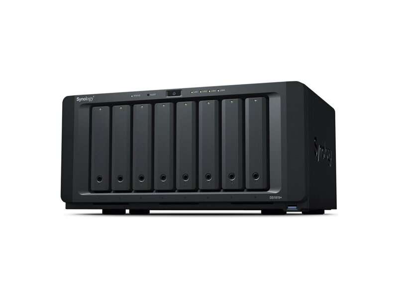 DS1819+  Synology DS1819+ QC2, 1GhzCPU/ 4Gb DDR4(upto32)/ RAID0, 1, 10, 5, 5+spare, 6/ upto 8hot plug HDD SATA(3, 5''or2, 5'')(upto8 with 2xDX517)/ 4xUSB3.0/ 2eSATA/ 4GigE(+1Expslot)/ iSCSI/ 2xIPcam(upto40)/ 1xPS/ 3YW
