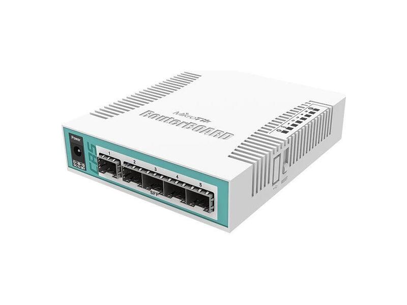 CRS106-1C-5S  MikroTik Cloud Router Switch 106-1C-5S with QCA8511 400MHz CPU, 128MB RAM, 1x Combo port (Gigabit Ethernet or SFP), 5 x SFP cages, RouterOS L5, desktop case, PSU