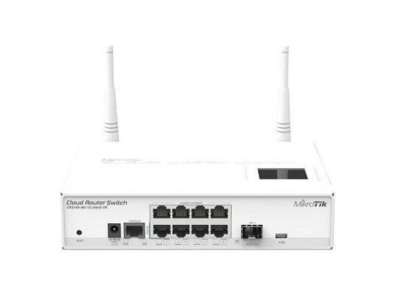 CRS109-8G-1S-2HnD-IN  MikroTik Cloud Router Switch 109-8G-1S-2HnD-IN with Atheros AR9344 CPU, 128MB RAM, 8xGigabit LAN, 1xSFP, 2.4Ghz 802.11b/ g/ n wireless, RouterOS L5, LCD panel, desktop case, PSU