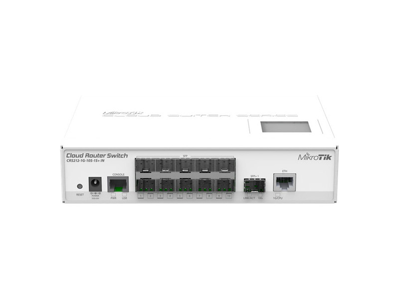 CRS212-1G-10S-1S+IN  MikroTik Cloud Router Switch 212-1G-10S-1S+IN with Atheros QC8519 400Mhz CPU, 64MB RAM, 1xGigabit LAN, 10xSFP cages, 1xSFP+ cage, RouterOS L5, LCD panel, desktop case, PSU