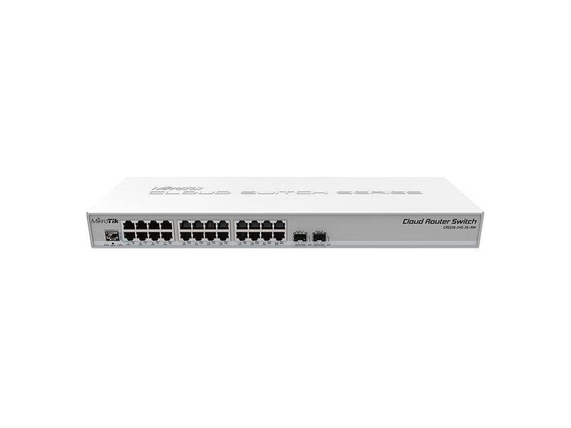 CRS326-24G-2S+RM  MikroTik Cloud Router Switch 326-24G-2S+RM with 800 MHz CPU, 512MB RAM, 24xGigabit LAN, 2xSFP+ cages, RouterOS L5 or SwitchOS (dual boot), 1U rackmount case, PSU