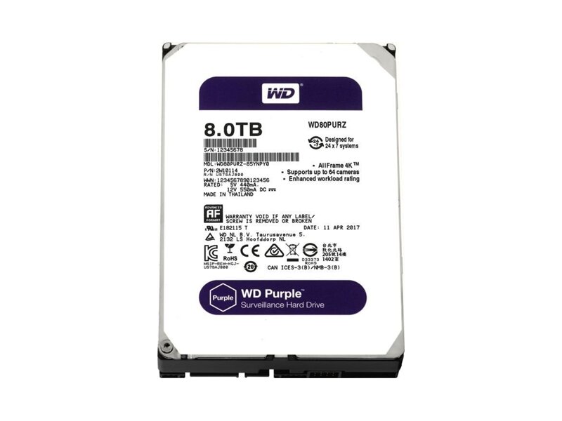 WD80PURZ  HDD WD Video PURPLE WD80PURZ (3.5'', 8TB, 128Mb, 5400rpm, SATA6G)