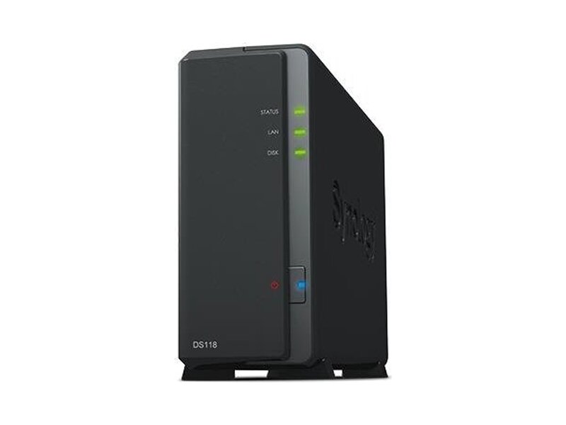 DS118  Synology DS118 DC1, 4GhzCPU/ 1Gb/ upto 1HDD SATA(3, 5'')/ 2xUSB3.0/ 1GigEth/ iSCSI/ 2xIPcam(upto15)/ 1xPS repl DS116