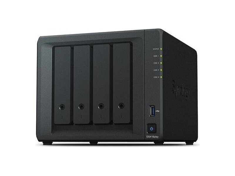 DS418PLAY  Synology DS418play DC2, 0GhzCPU/ 2GB(upto6)/ RAID0, 1, 10, 5, 6/ upto 4HDDs SATA(3, 5''or2, 5'')/ 2xUSB3.0/ 2GigEth/ iSCSI/ 2xIPcam(upto25)/ 1xPS/ 2YW(repl DS416play)
