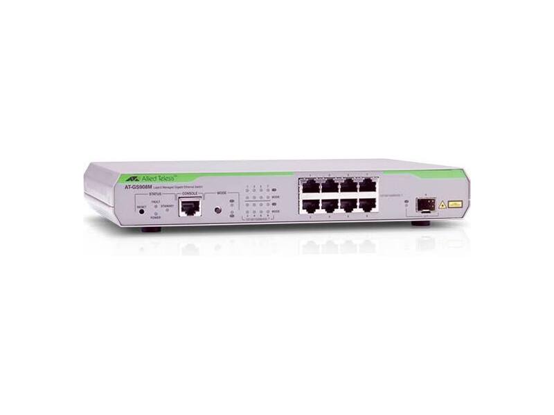 AT-GS908M-50  Allied Telesis 8x10/ 100/ 1000Mbps port managed switch with 1 SFP uplink slot, Fixed AC power supply, RJ45 Console connector