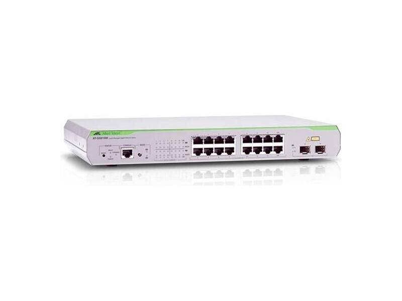 AT-GS916M-50  Allied Telesis 16x10/ 100/ 1000Mbps port managed switch with 2 SFP uplink slots, Fixed AC power supply, RJ45 Console connector