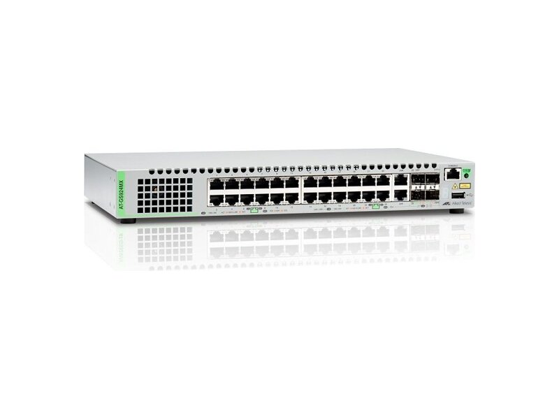 AT-GS924MX-50  Allied Telesis 24x10/ 100/ 1000T POE ports Gigabit Ethernet Managed switch with 2 SFP/ Copper combo ports, 2 SFP/ SFP+ uplink slots, single fixed AC power supply