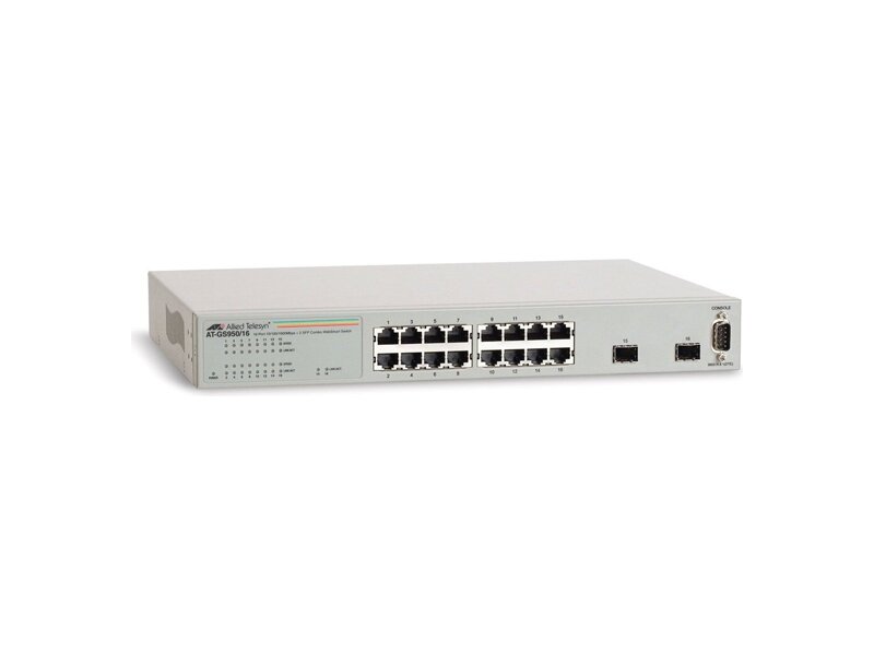 AT-GS950/16-XX  Allied Telesis 16x10/ 100/ 1000TX WebSmart switch + 2xSFP (VLAN group, Port Trunking, Port Mirroring, QoS) rackmount hardware included