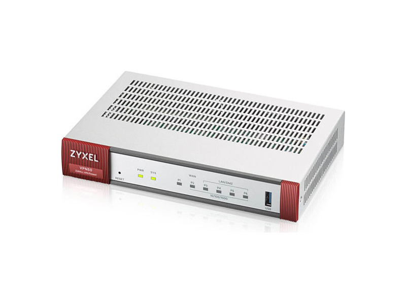 VPN50-RU0101F  Межсетевой экран Zyxel ZyWALL VPN50 (VPN50-RU0101F) 10/ 100/ 1000BASE-TX/ SFP серебристый, 1xWAN GE (RJ-45 и SFP), 4xLAN/ DMZ GE, USB3.0, AP Controller (4/ 36), SD-WAN, подписка на 1 год фильтрации контента (CF) и Geo IP