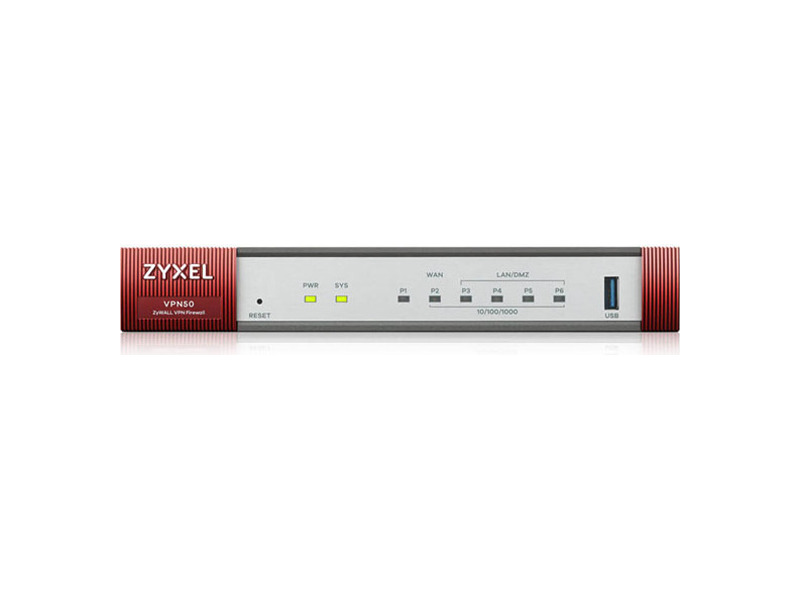 VPN50-RU0101F  Межсетевой экран Zyxel ZyWALL VPN50 (VPN50-RU0101F) 10/ 100/ 1000BASE-TX/ SFP серебристый, 1xWAN GE (RJ-45 и SFP), 4xLAN/ DMZ GE, USB3.0, AP Controller (4/ 36), SD-WAN, подписка на 1 год фильтрации контента (CF) и Geo IP 2