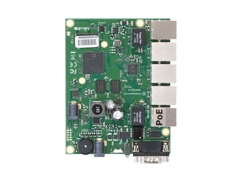 RB450Gx4  Маршрутизатор MikroTik RouterBOARD 450Gx4 with four core 716MHz Atheros CPU, 1 GB RAM, 5 Gigabit LAN ports, PoE OUT on port #5, RouterOS L5