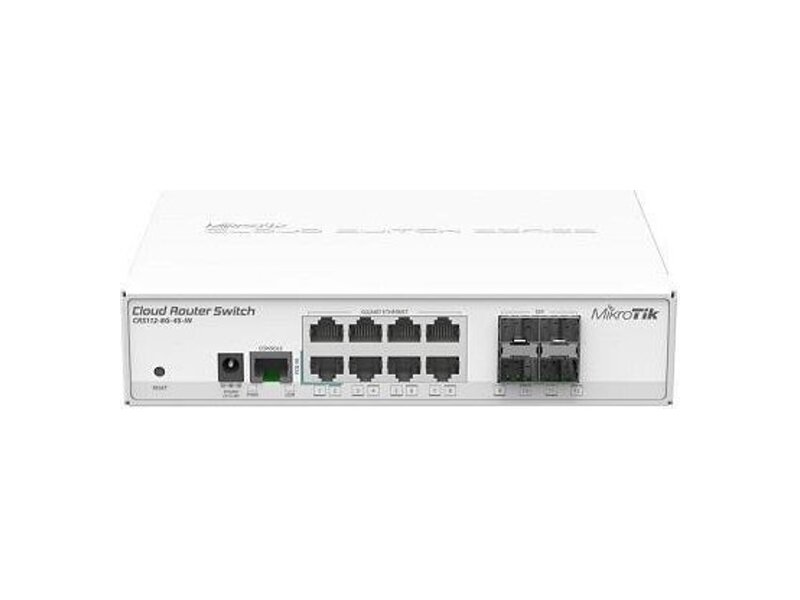 CRS112-8G-4S-IN  MikroTik Cloud Router Switch 112-8G-4S-IN with QCA8511 400Mhz CPU, 128MB RAM, 8xGigabit LAN, 4xSFP, RouterOS L5, desktop case, PSU