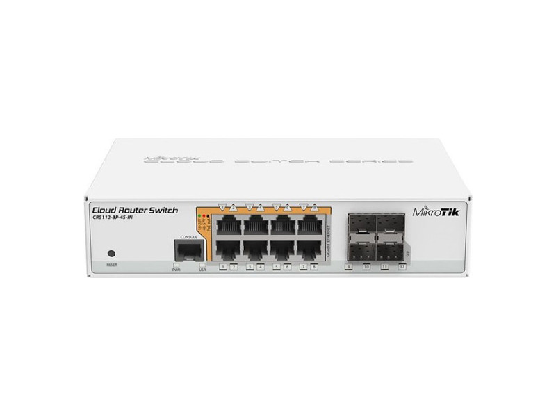 CRS112-8P-4S-IN  MikroTik Cloud Router Switch 112-8P-4S-IN with QCA8511 400Mhz CPU, 128MB RAM, 8xGigabit LAN with PoE-out, 4xSFP, RouterOS L5, desktop case, PSU