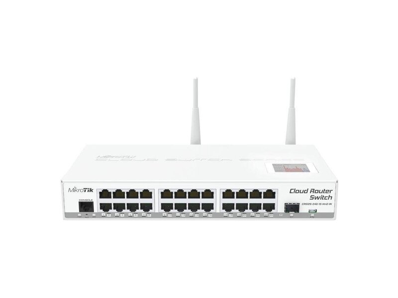CRS125-24G-1S-2HnD-IN  MikroTik Cloud Router Switch 125-24G-1S-IN with Atheros AR9344 CPU, 128MB RAM, 24xGigabit LAN, 1xSFP, RouterOS L5, LCD panel, 2.4Ghz 802.11b/ g/ n wireless, desktop case, PSU