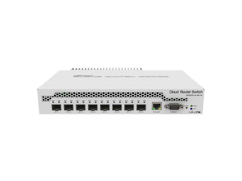 CRS309-1G-8S+IN  MikroTik Cloud Router Switch 309-1G-8S+IN with Dual core 800MHz CPU, 512MB RAM, 1xGigabit LAN, 8 x SFP+ cages, RouterOS L5 or SwitchOS (dual boot), passive desktop case, rackmount ears, PSU