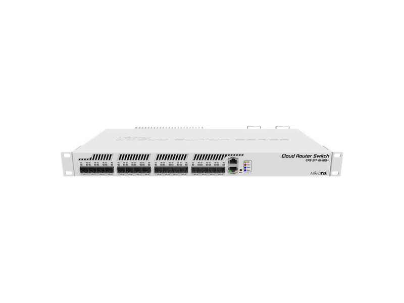CRS317-1G-16S+RM  MikroTik Cloud Router Switch 317-1G-16S+RM with 800MHz CPU, 1GB RAM, 1xGigabit LAN, 16xSFP+ cages, RouterOS L6 or SwitchOS (dual boot), passive cooling 1U rackmount enclosure, Dual redundant PSU