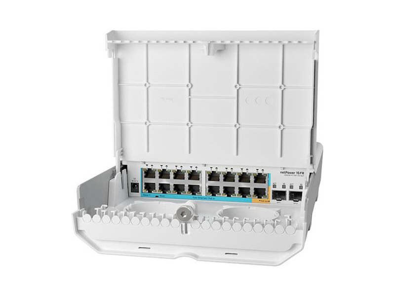 CRS318-1Fi-15Fr-2S-OUT  MikroTik netPower 15FR with 800MHz CPU, 256MB RAM, 16 x 10/ 100Mbps Ethernet ports (15 with Reverse POE-in, 1 with PoE-OUT), 2 x SFP, RouterOS L5 or SwitchOS (dual boot), outdoor enclosure, mounting ki