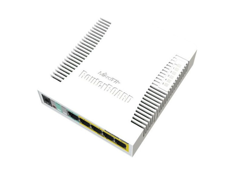 CSS106-1G-4P-1S  MikroTik RB260GSP with 5 Gigabit ports and SFP cage, SwOS, plastic case, PSU, POE-OUT