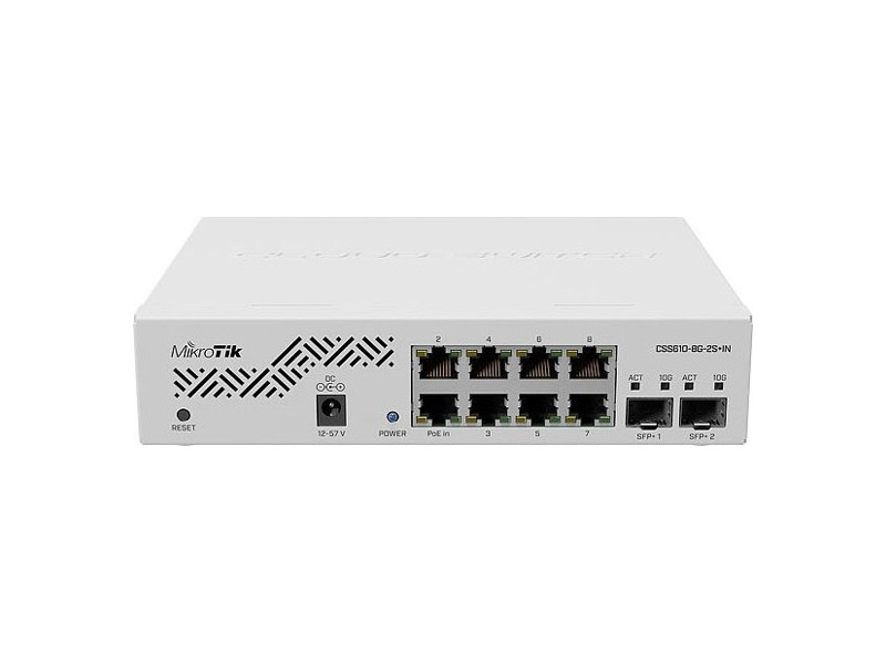 CSS610-8G-2S+IN  MikroTik Cloud Smart Switch 610-8G-2S+IN with 8 x Gigabit ports, 2 x SFP+ cages, SwOS, desktop case, PSU